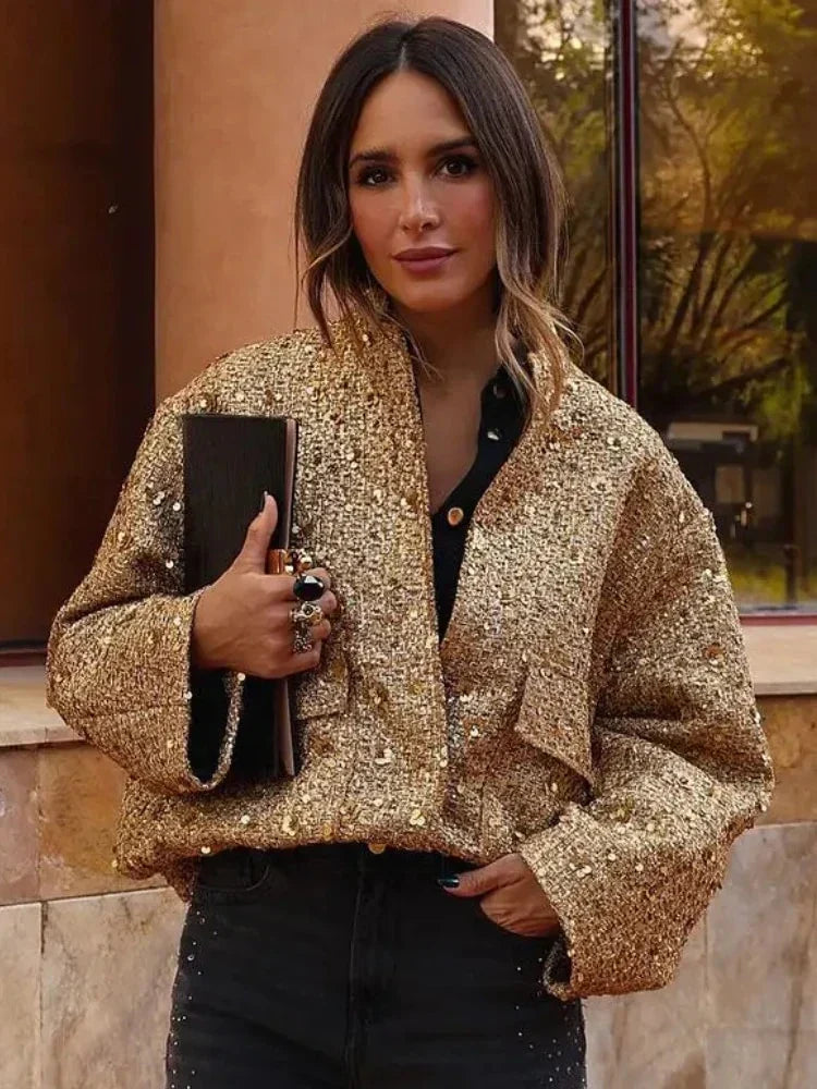 Golden Women's Glitter Bomber Jacket with Sparkling Sequins