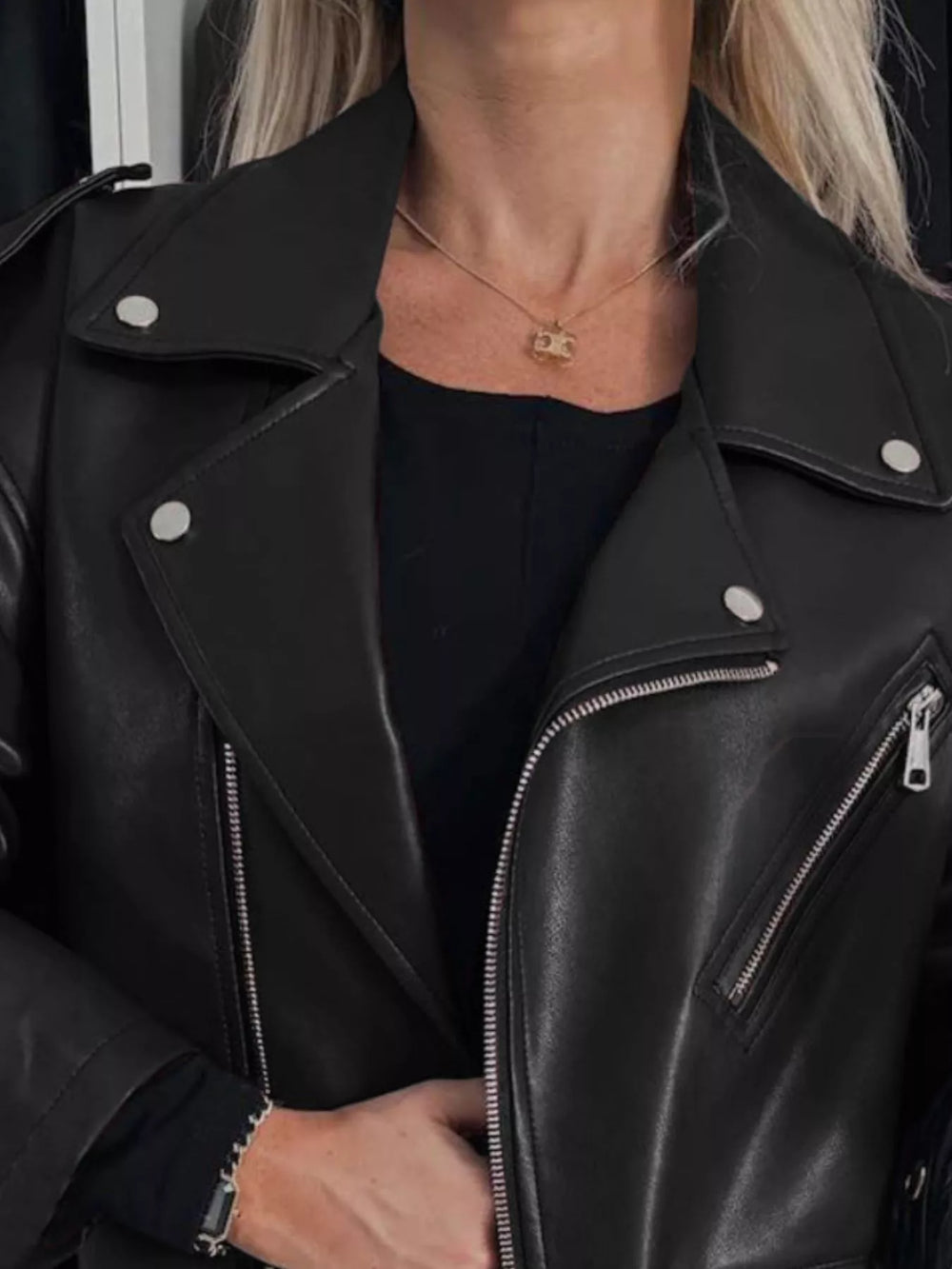 Oversized Women's PU Leather Biker Jacket with Belt and Notched Collar