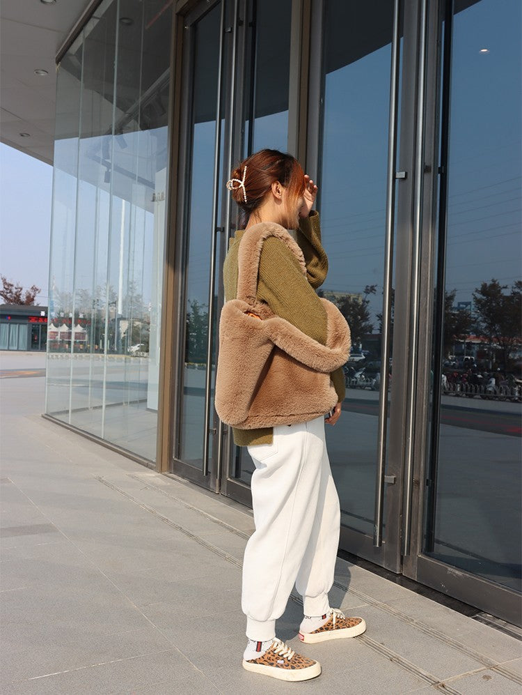 Luxe Dames Shopper Tas met Teddy Look en Ruime Inhoud