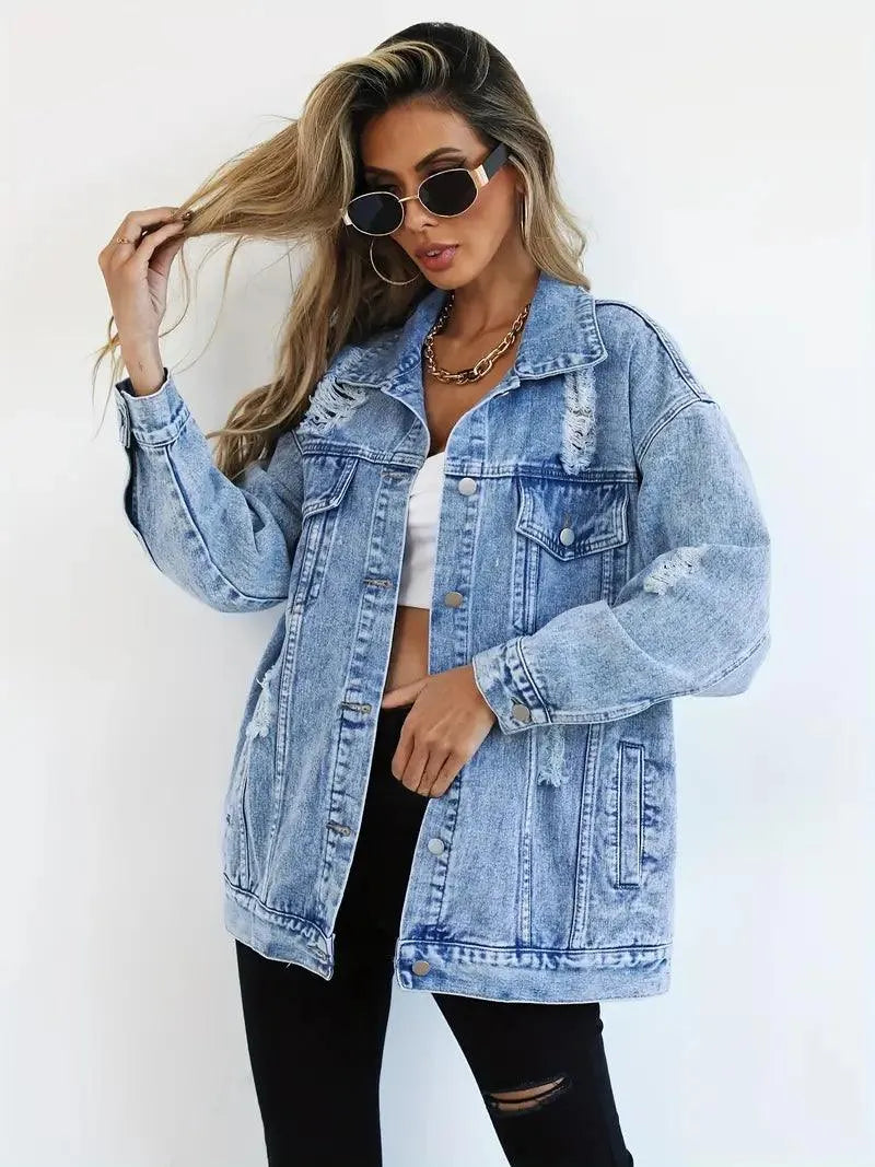 Oversize'owa damska kurtka jeansowa w rockowym stylu z zapięciem na zatrzaski