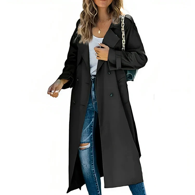 Stijlvolle Lange Dames Trenchcoat met Ceintuur en Dubbele Knopen