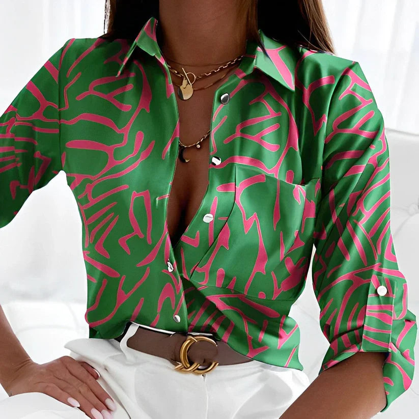 Luxe Groene Dames Satijnen Blouse met Lange Mouwen