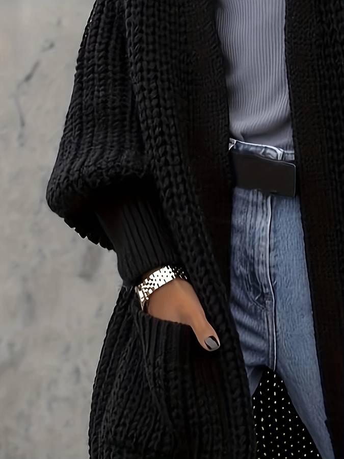 Luxe Gebreid Lang Zwart Dames Vest met Oversized Pasvorm