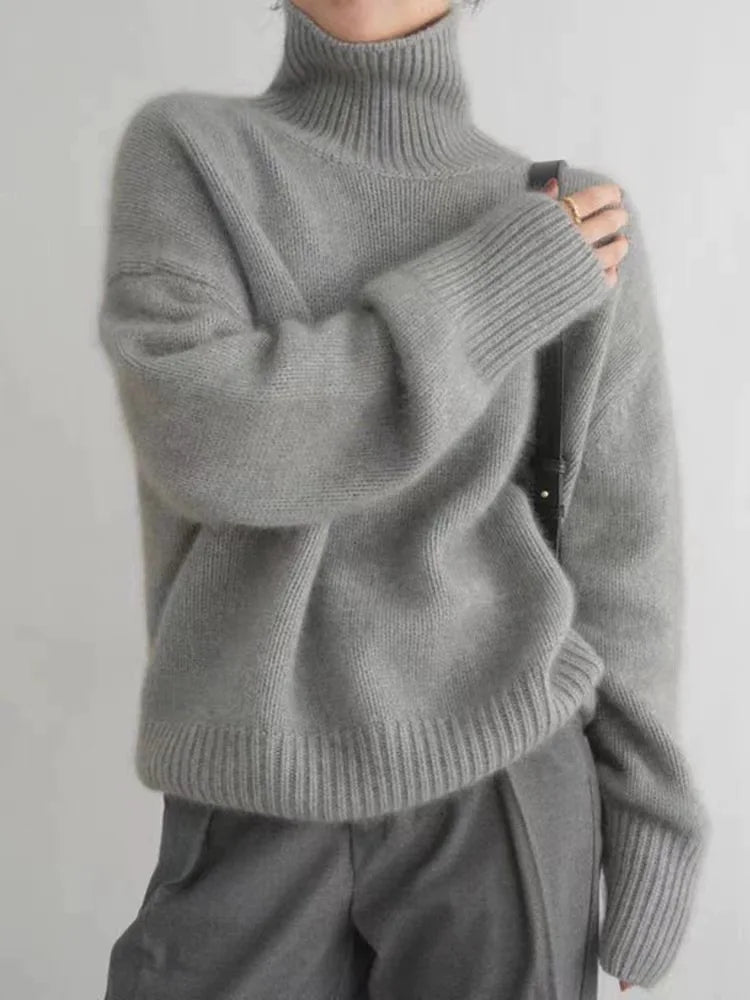 Genevieve oversized turtleneck sweater in gray, front view
