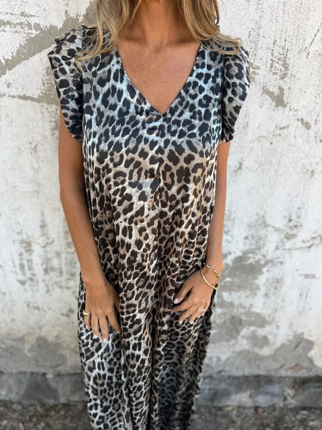 Luchtige Vrouwen Jumpsuit Leopardprint Met Wijde Pijpen