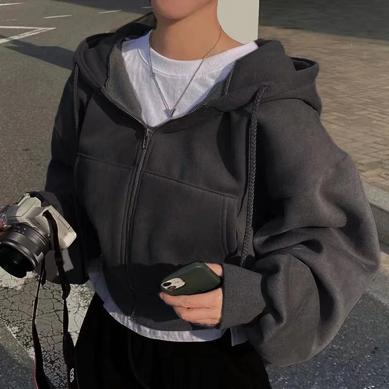 Zachte Vrouwen Cropped Hoodie met Lange Mouwen en Rits