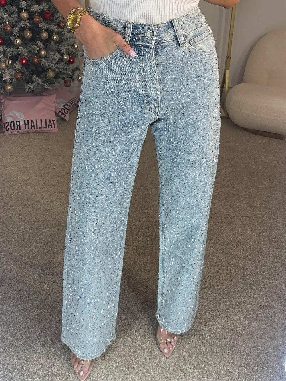 Jean Taille Haute Pailleté Étincelant pour Femme