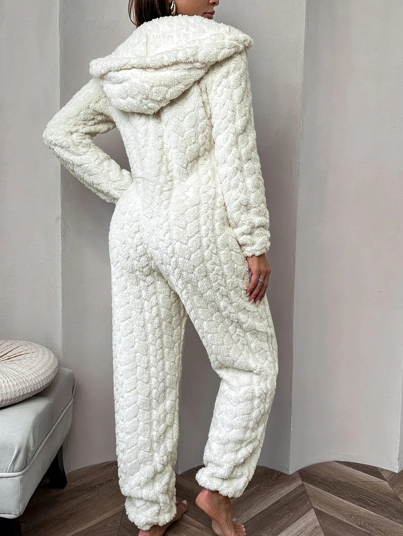 Witte Zachte Winterse Dames Fleece Jumpsuit Onesie met Rits