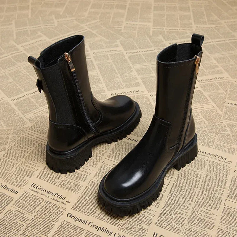 Trendy Dames Enkellaarsjes met Rits en Hoge Zool