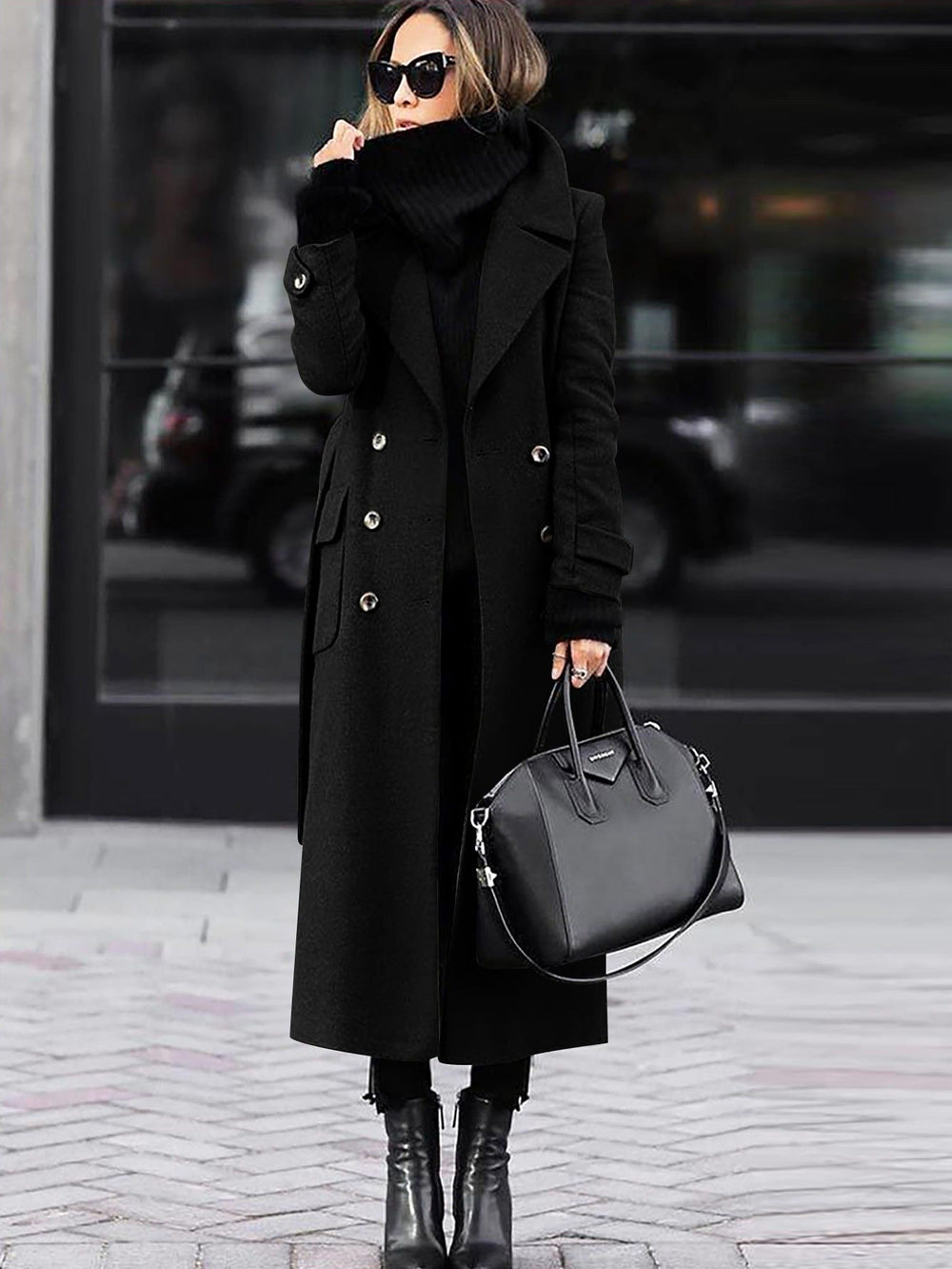 Long Women's Winter Coat with Double Row Buttons and Tie Belt