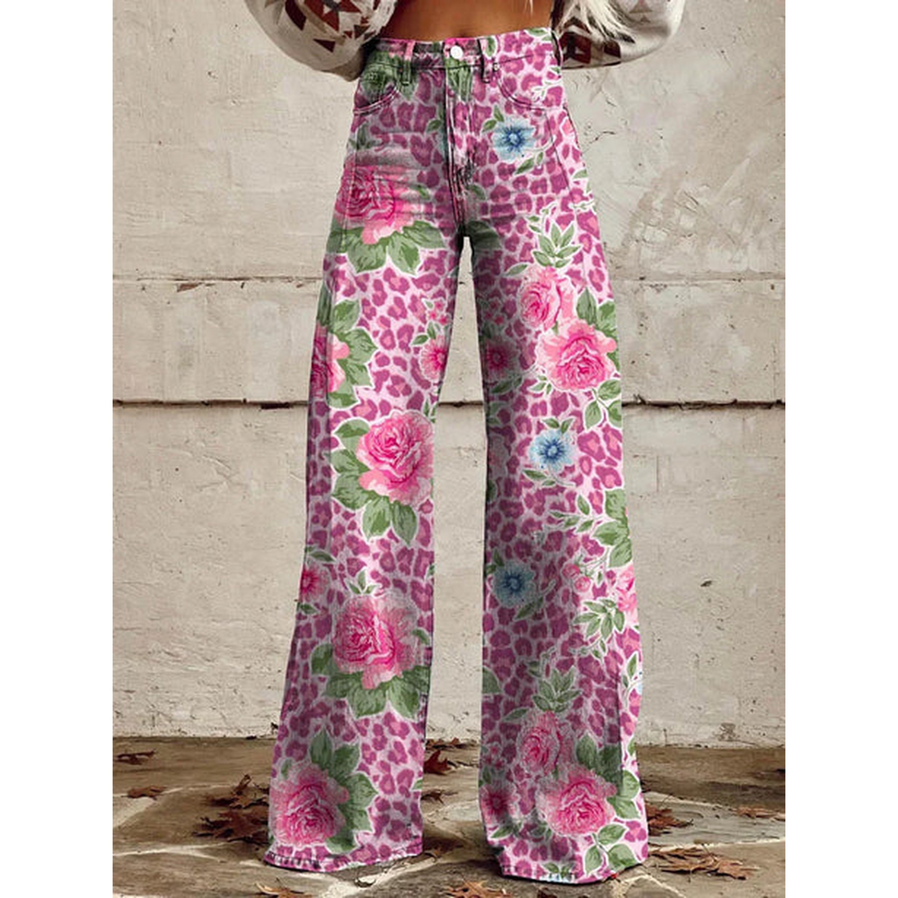 Trendy Women's Wide Jeans with Floral Print and High Waist