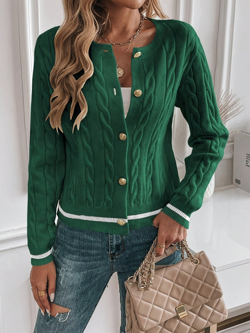 Josephine cardigan worn casually with jeans, front view