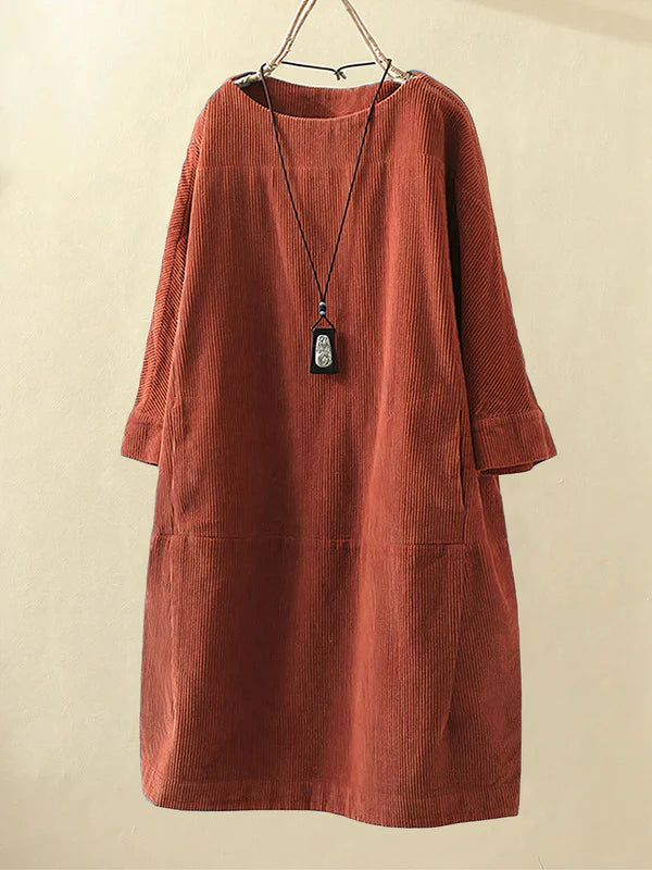 Luchtige Corduroy Midi Jurk Met Losse Pasvorm voor Dames