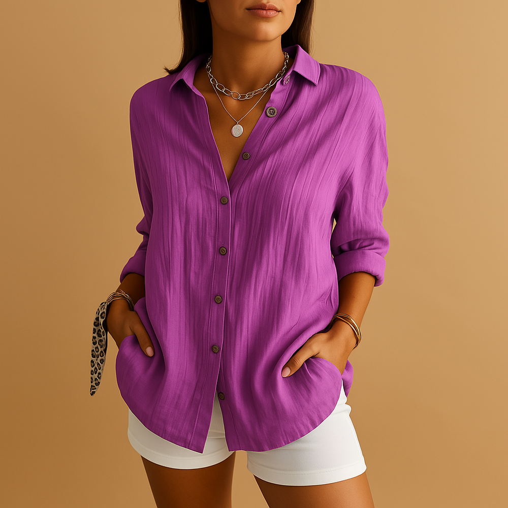 Luchtige Linen Blouse voor Vrouwen met Knopen En Lange Mouwen