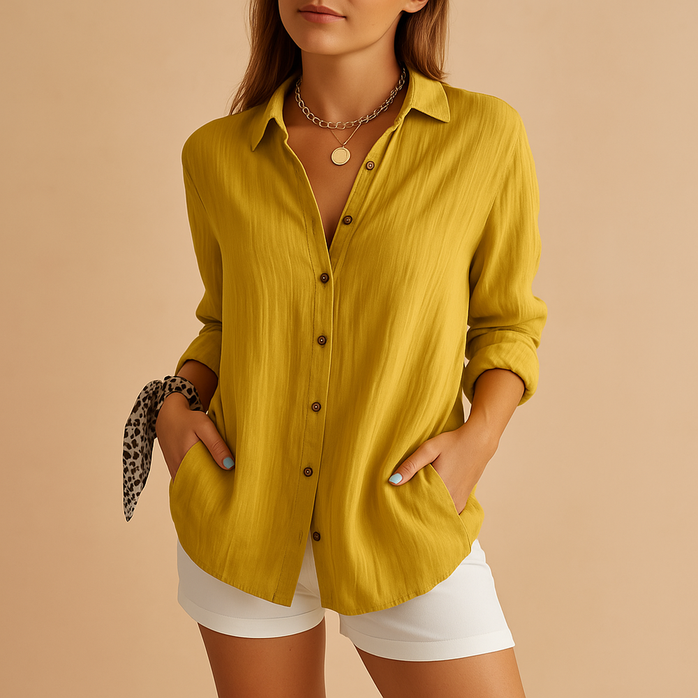 Luchtige Linen Blouse voor Vrouwen met Knopen En Lange Mouwen