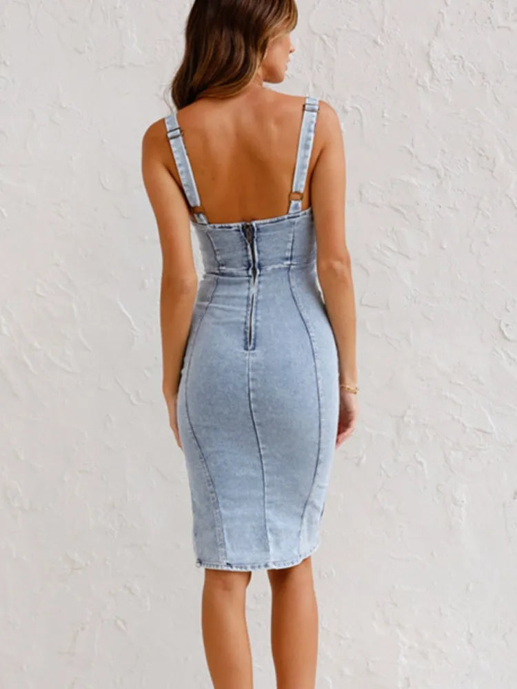 Stylish tailored women's denim midi dress with slit