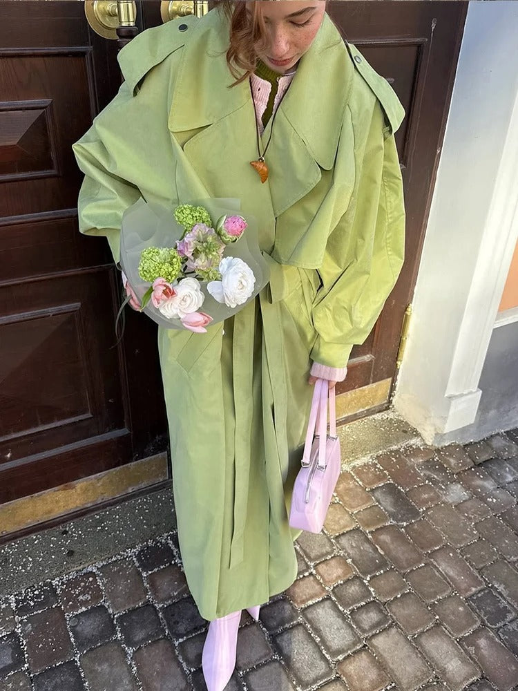 Groene Oversized Dames Trenchcoat met Ceintuur