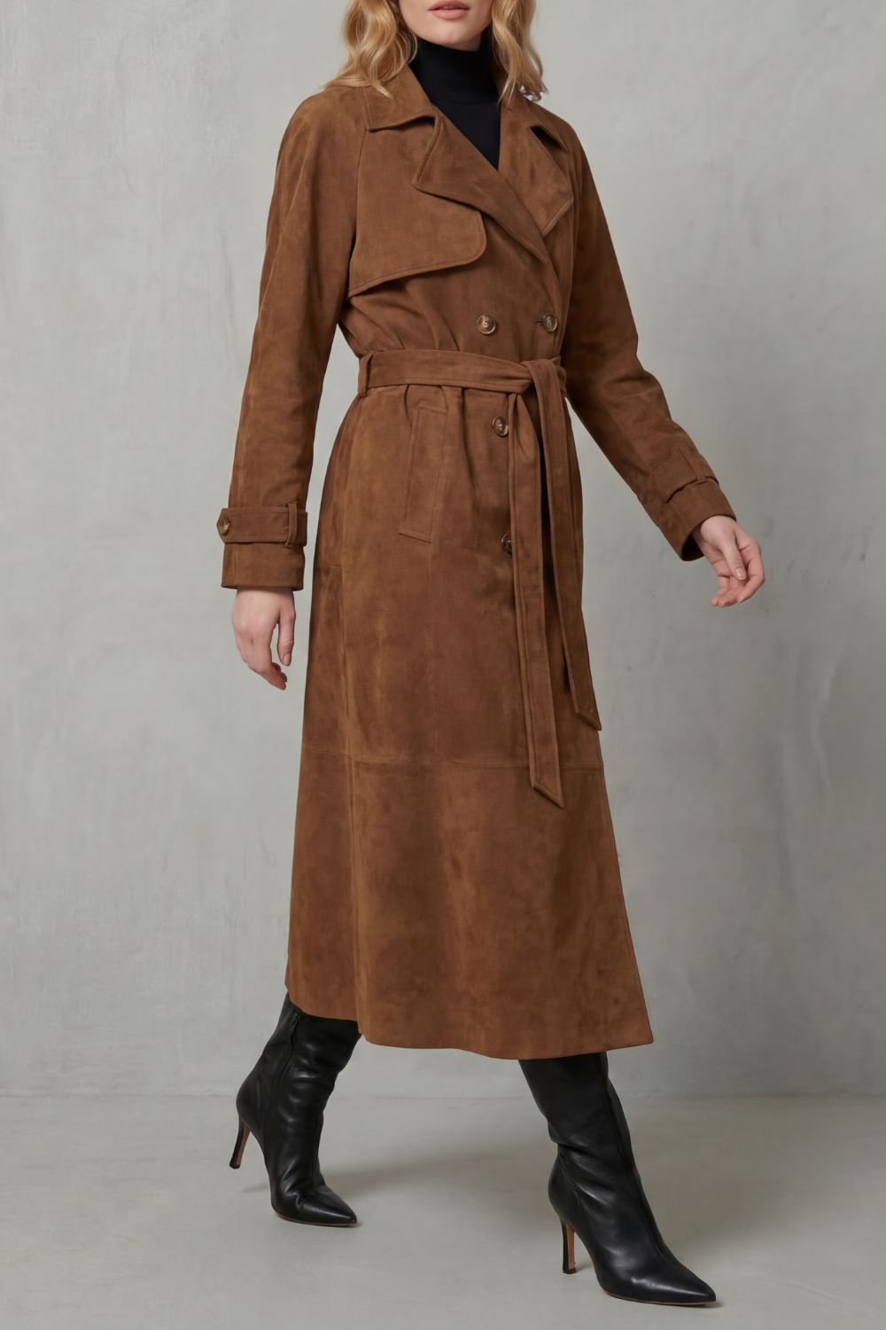 Women's Suede-Effect Double Breasted Belted Trench Coat - View 2