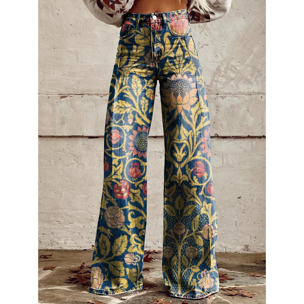Trendy Dames Wijde Jeans met Bloemenprint en Hoge Taille