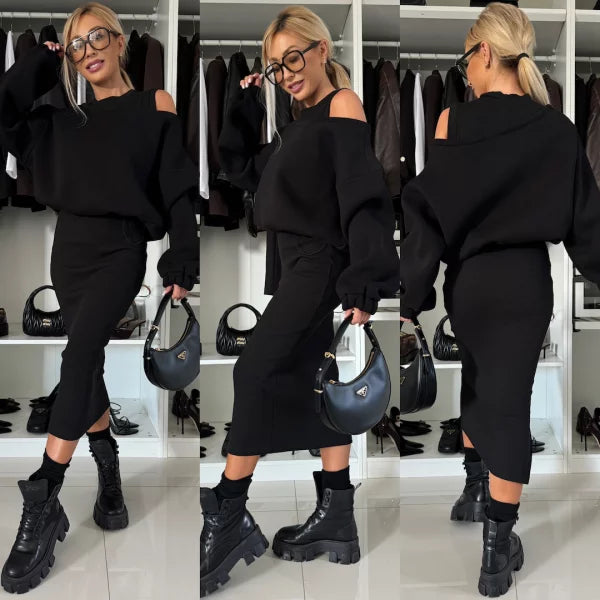 Chic Gebreide 2-Delige Set met Oversized Trui en Midi Rok met Split voor Dames