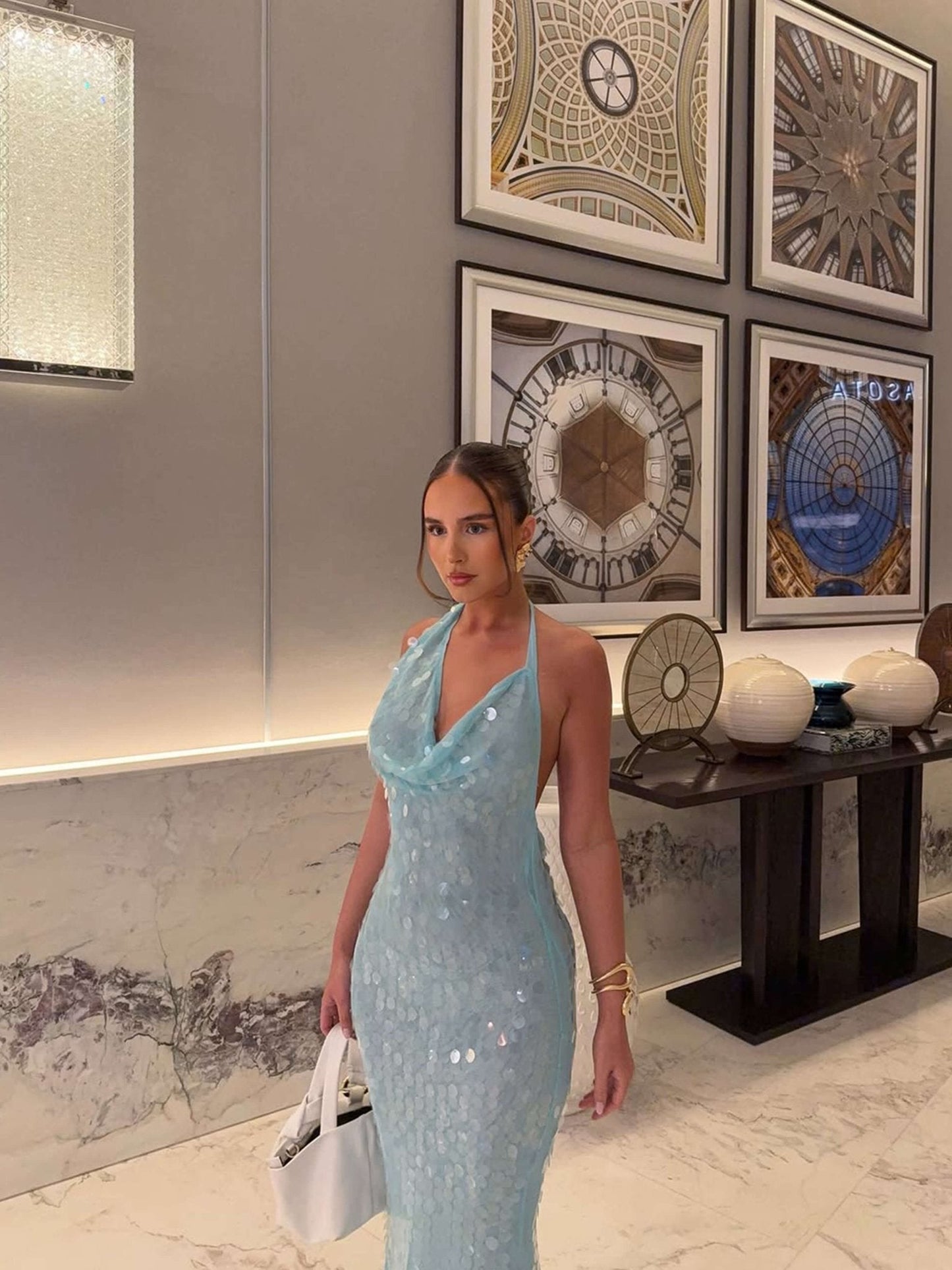 Elegante Blauw Pailletten Maxi Jurk voor Vrouwen