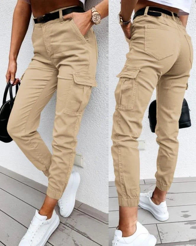 Trendy Dames Fitted Cargo Broek met Hoge Taille en Zakken