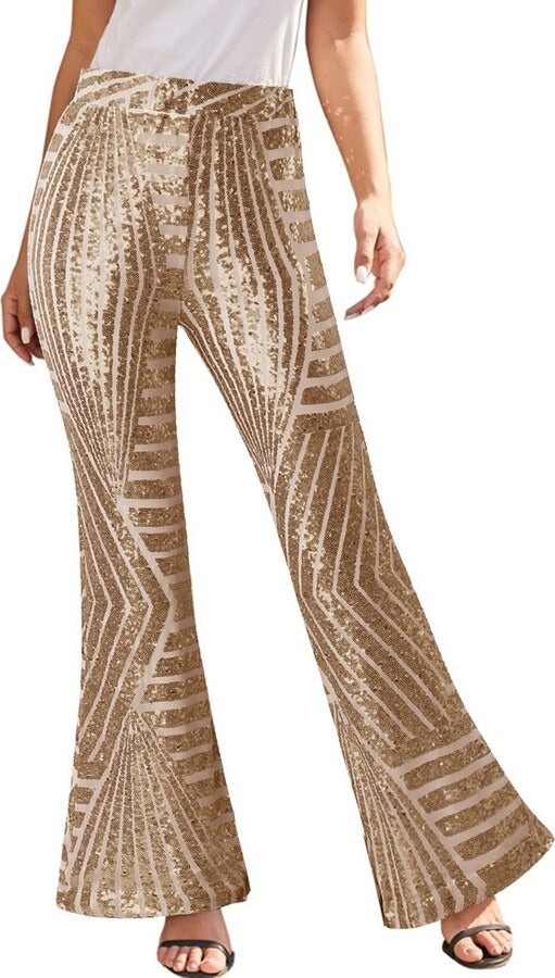 Gouden Glitter Vrouwen Pailletten Broek met Wijde Pijpen