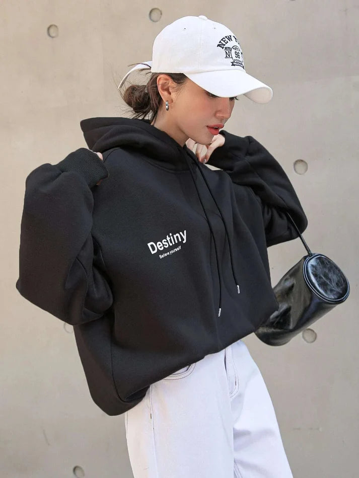 Zwarte Oversized Dames Hoodie met Capuchon en Print