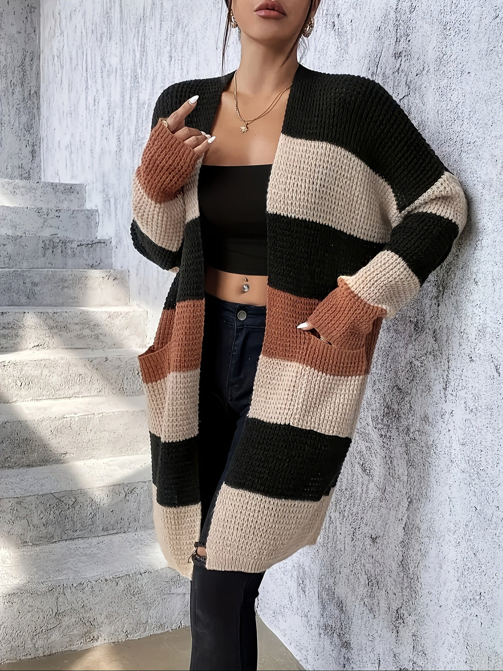 Théa colorblock longline cardigan, full front view over black top and jeans