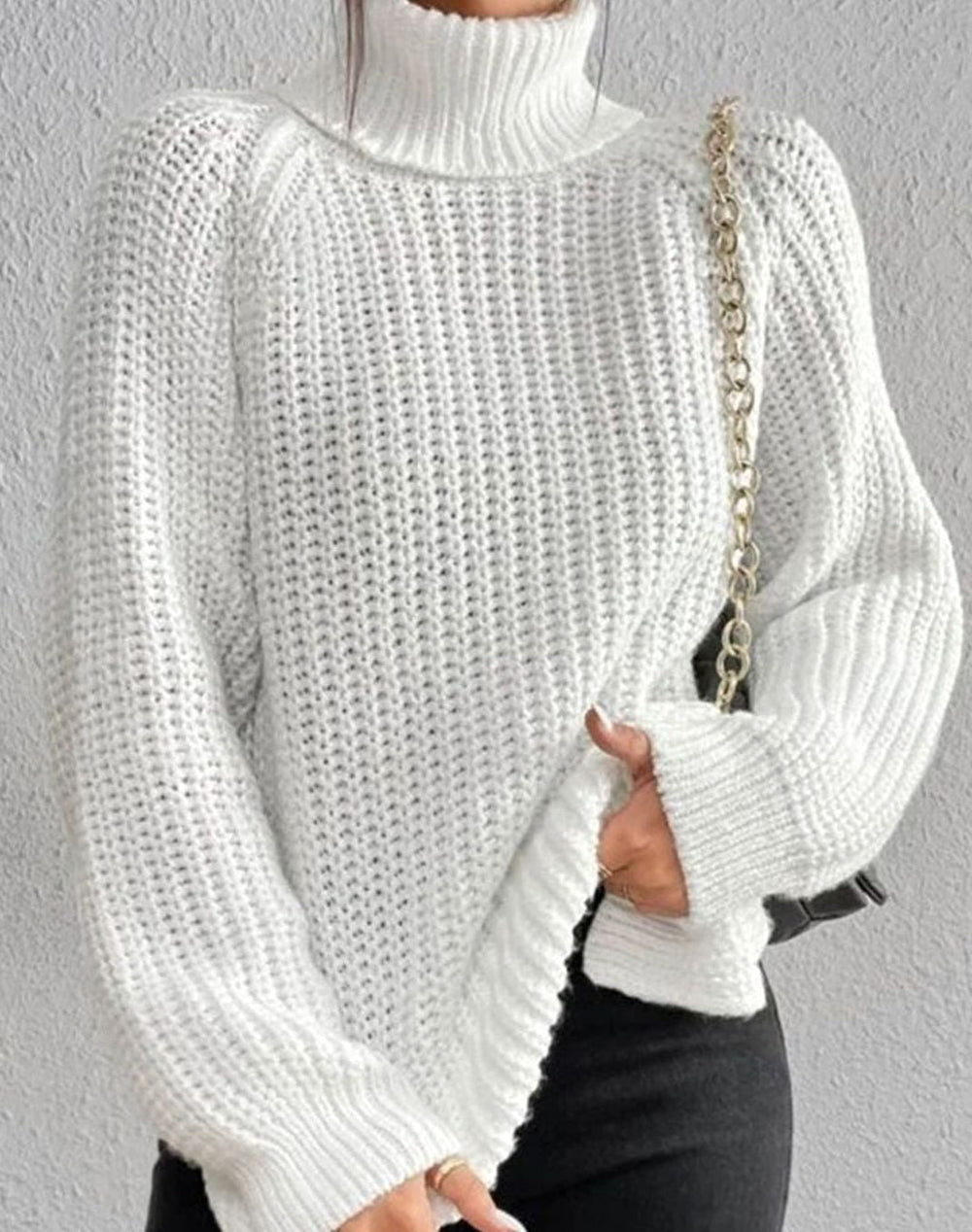 Women's Ribbed Turtleneck Sweater Long-Sleeve Chunky Knit Pullover - White