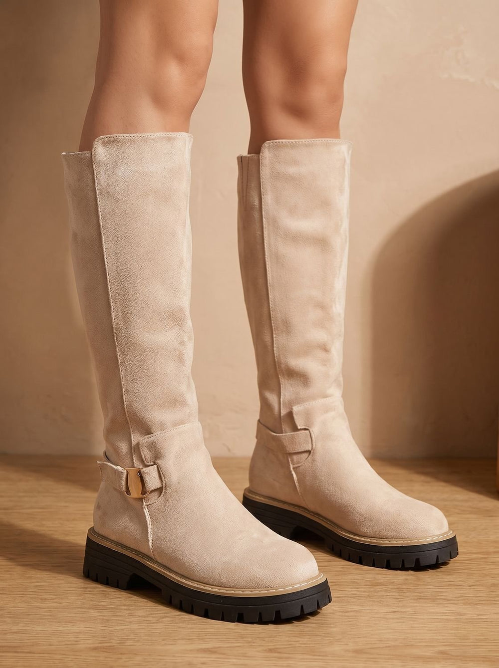 Women's Suede-Look Low Block Heel Knee High Boots