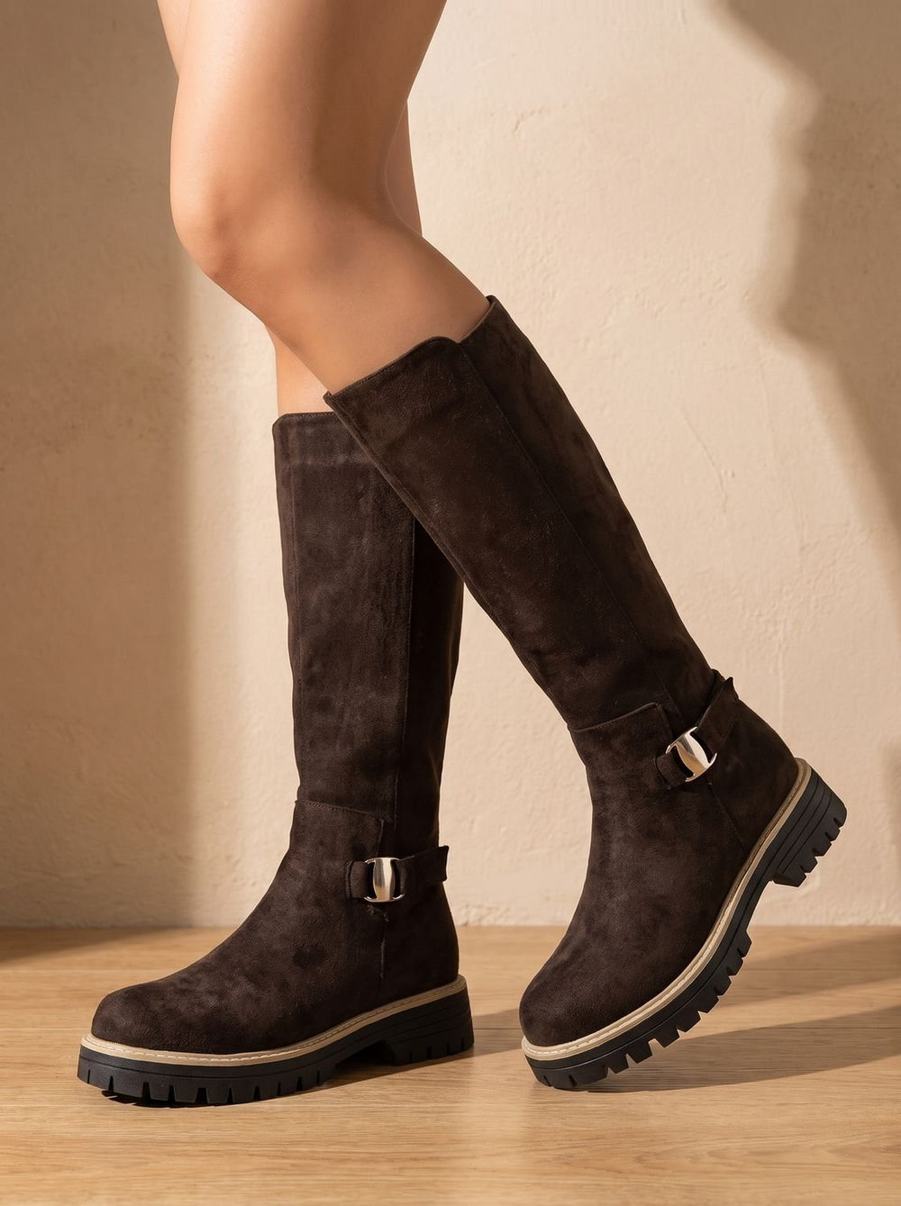 Women's Suede-Look Low Block Heel Knee High Boots - Coffee