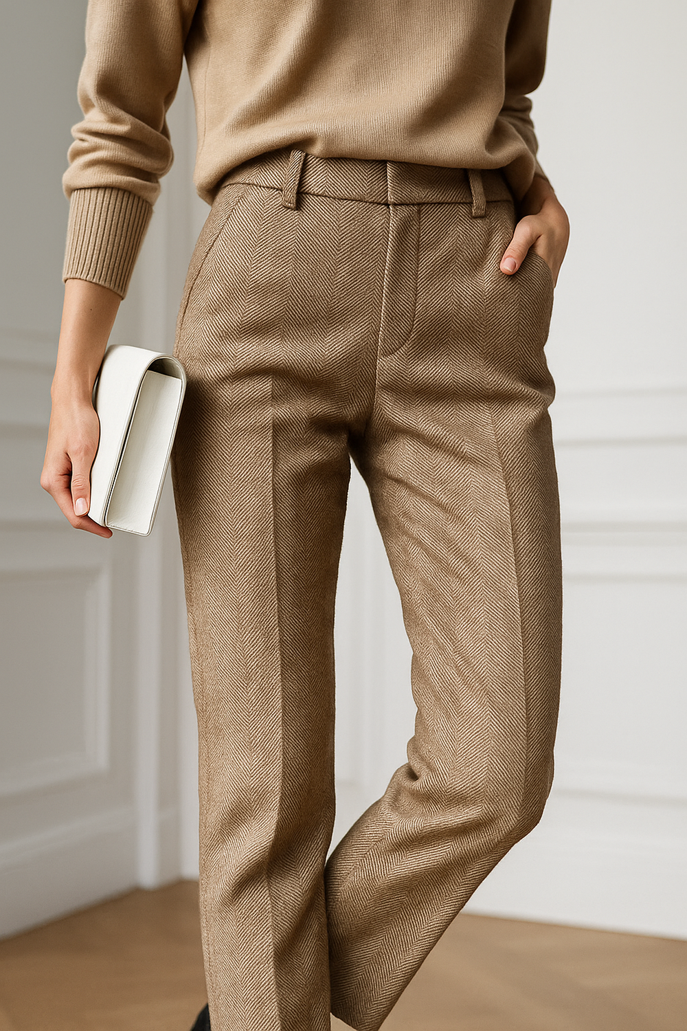 Elegant Wool-Blend Women's Pants with Straight Legs and High Waist