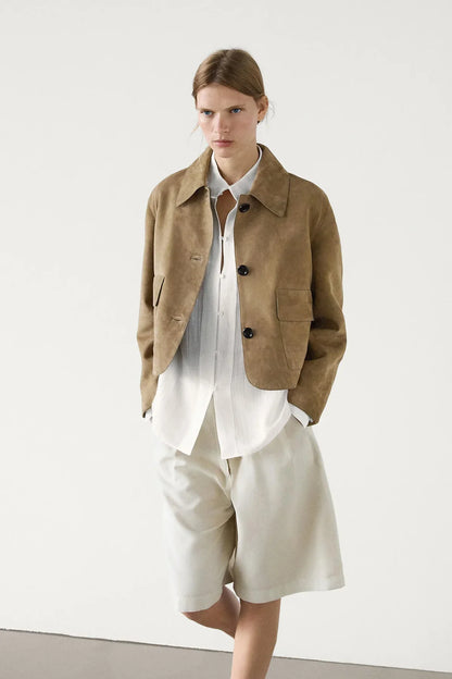 Getailleerde Dames Jas met Suede Look en Korte Pasvorm