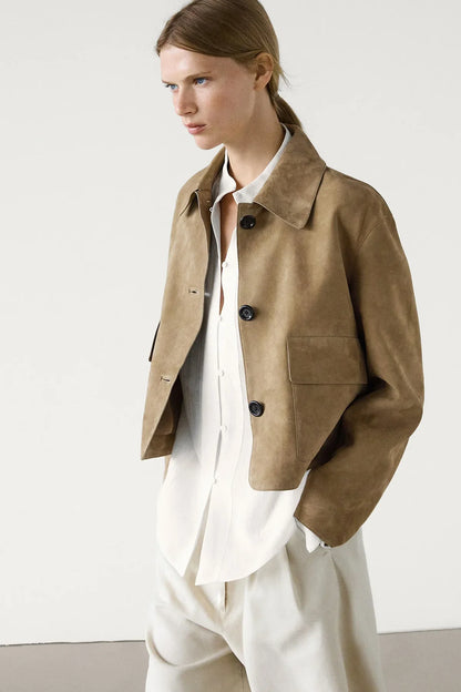 Getailleerde Dames Jas met Suede Look en Korte Pasvorm