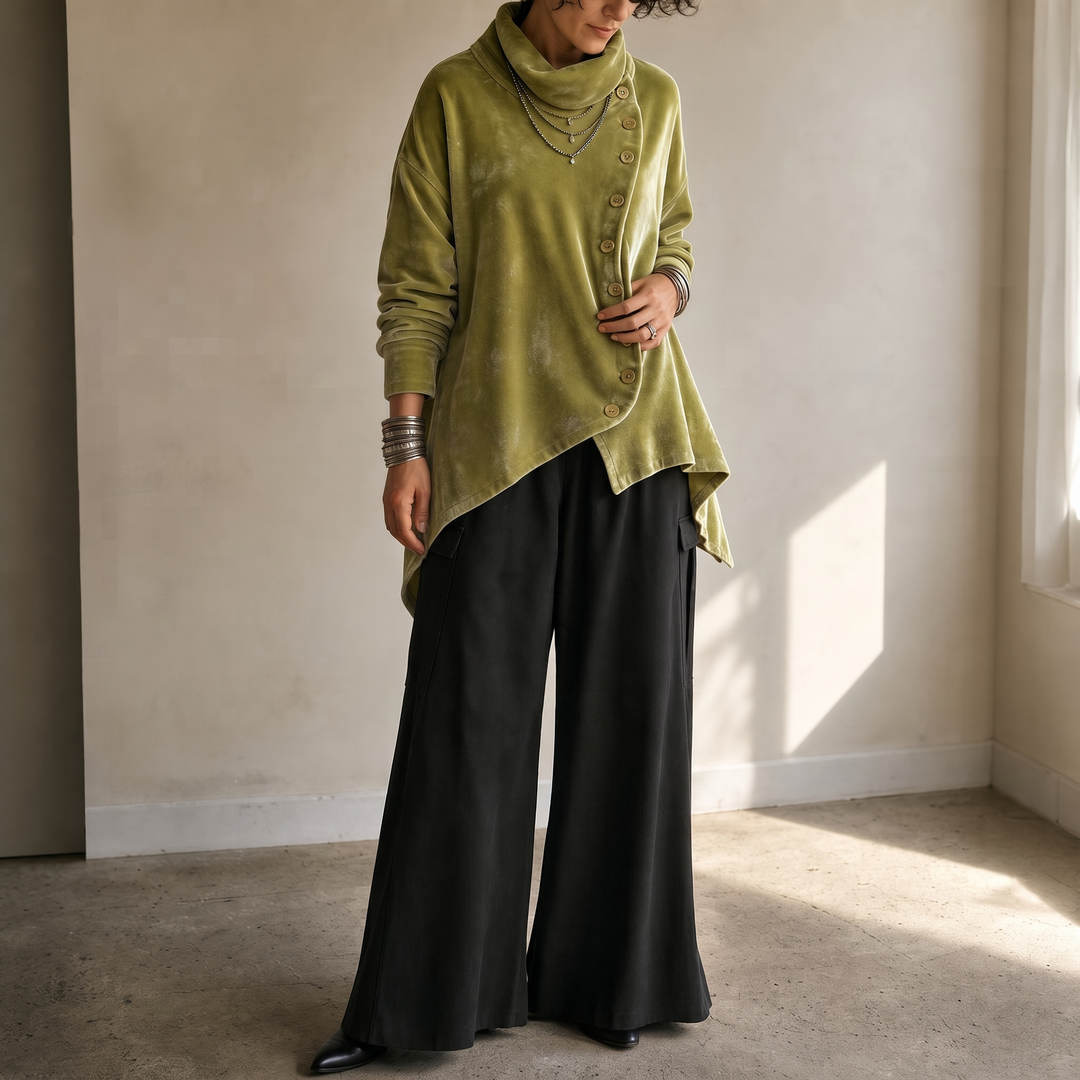 Rekbare Fluwelen Dames Coltrui met Knoopsluiting en Asymmetrische Zoom