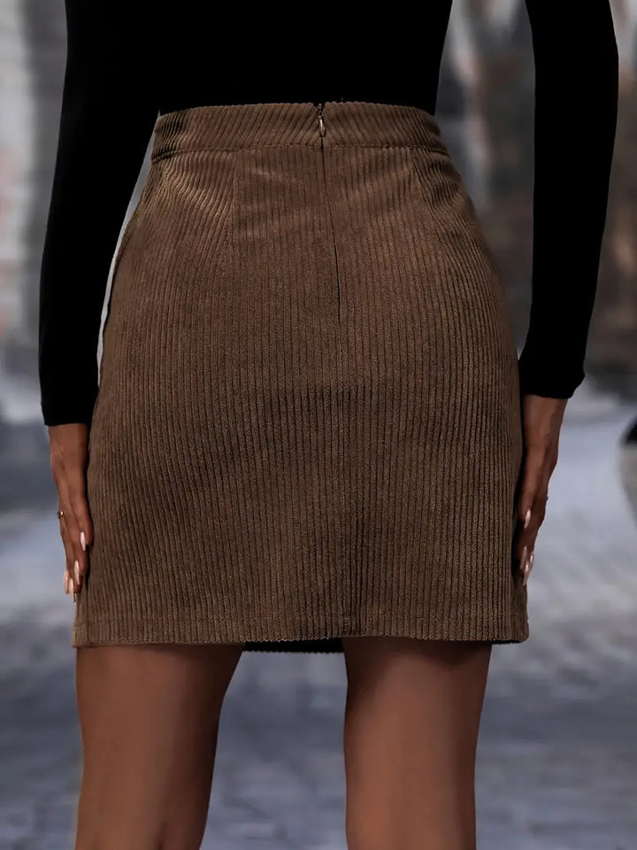 Chique Bruin Ribfluweel Dames Mini Rok Met Split En Hoge Taille