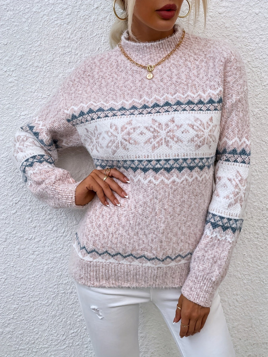 Oversized Gebreide Dames Kersttrui met Sneeuwvlokmotief en Col