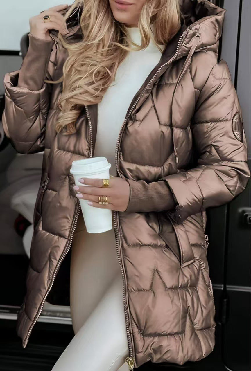 Women's Warm Mid-Length Puffer Coat with Hood and Pockets