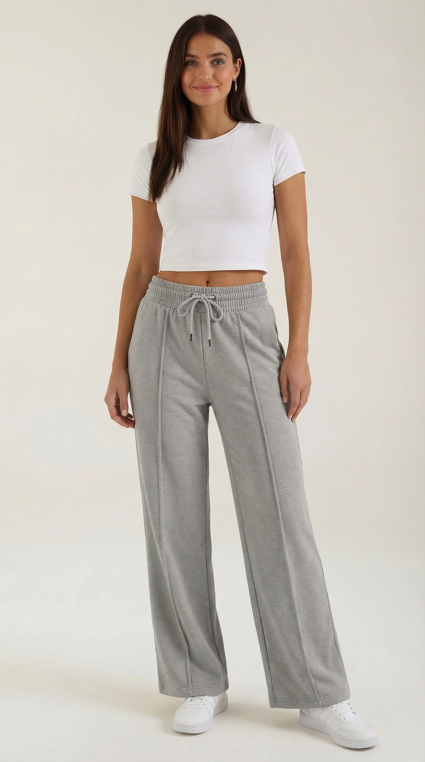 Sporty Gray Women's Joggers with Drawstring and Wide Legs