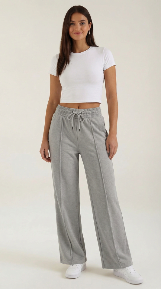 Sporty Gray Women's Joggers with Drawstring and Wide Legs