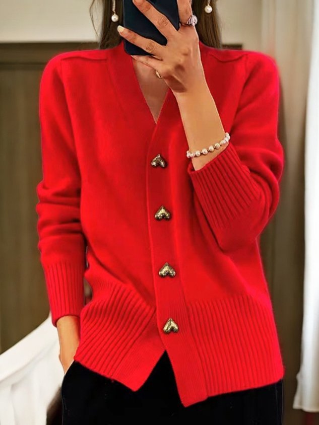 Elegant Soft Women's Cardigan with Gold Heart Buttons