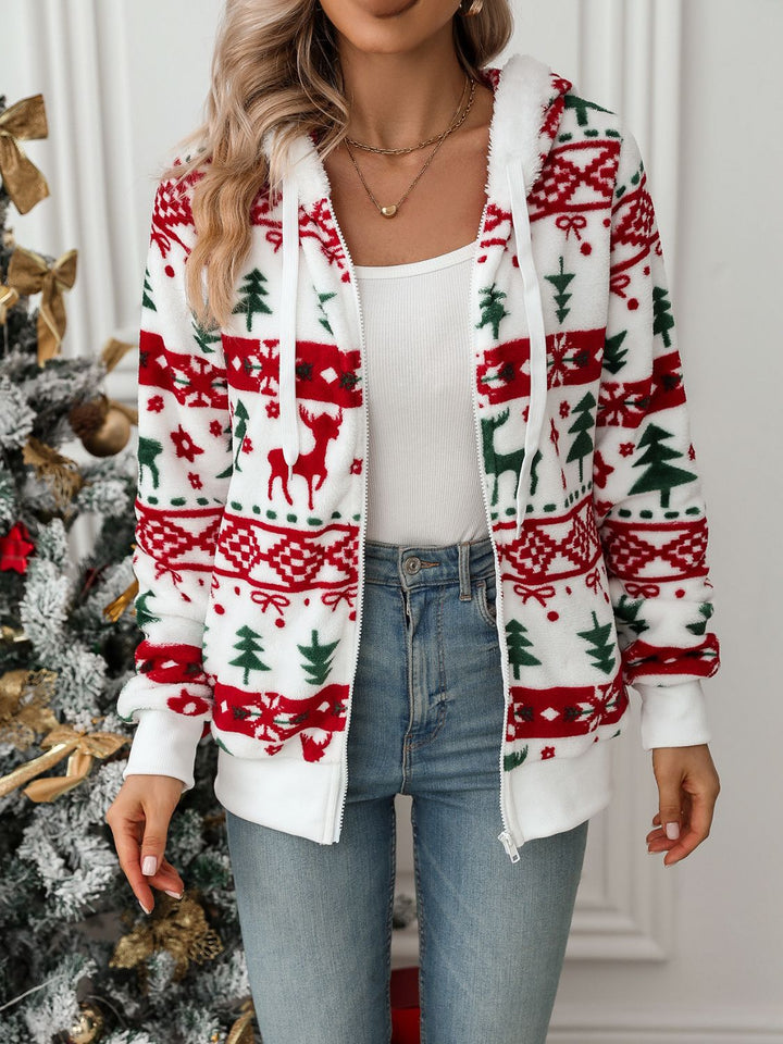 Sweat à capuche de Noël blanc doux pour femme avec fermeture éclair