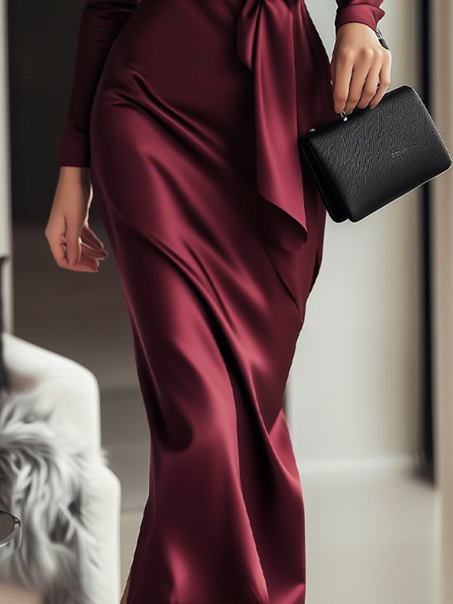 Luxe Satijnen Bordeaux Gala Midi Jurk Met Overslag En Ceintuur