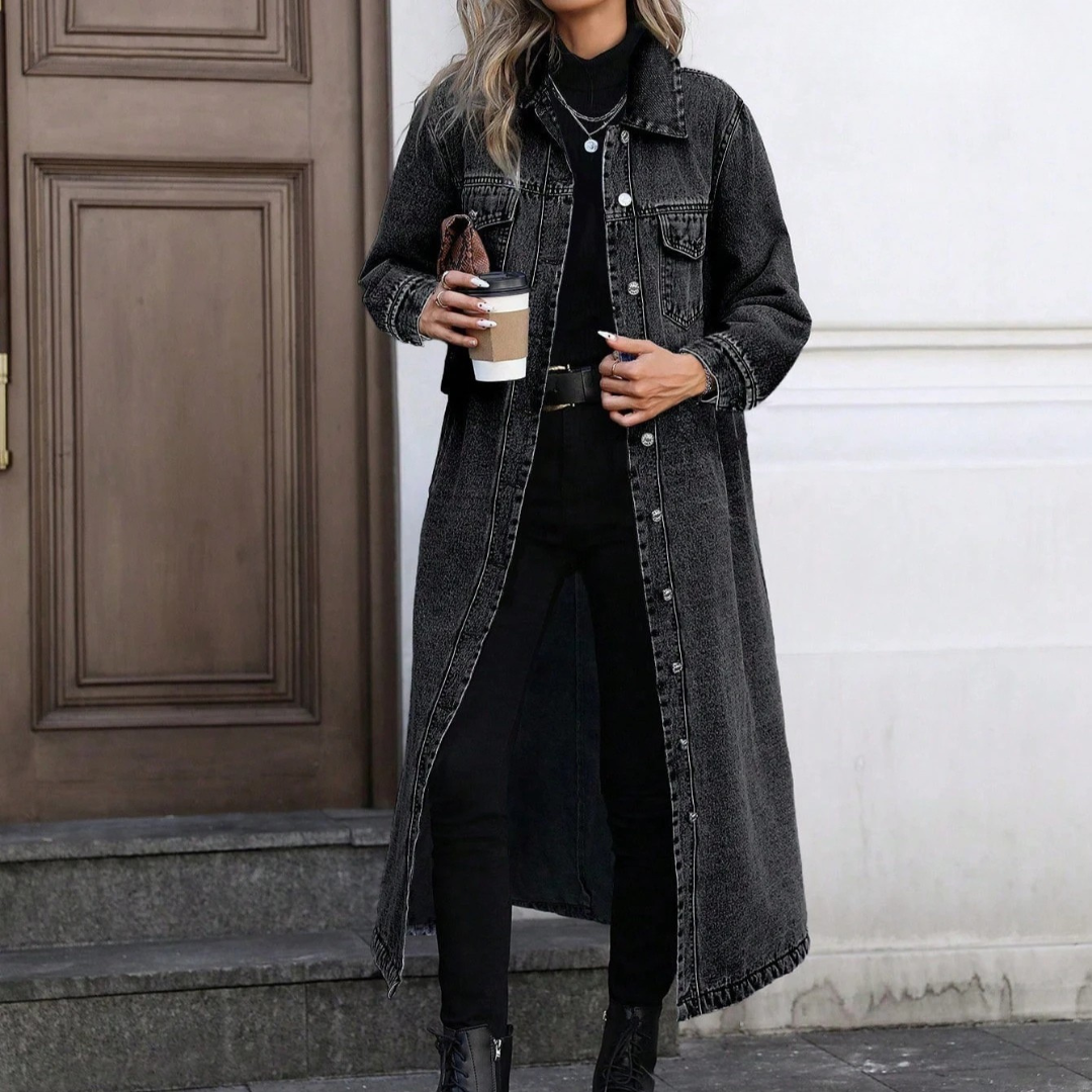 Veste en jean oversize longue pour femme avec fermeture à boutons et poches