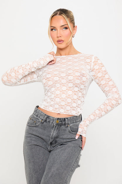 Tarya | Transparante Kanttop met Lange Mouwen