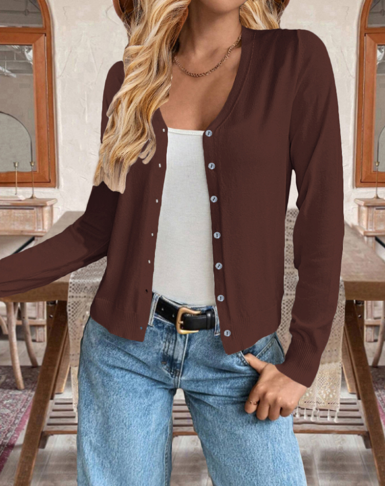 Fine-Knit Women's Cardigan with Long Sleeves, Button Closure, and V-Neck