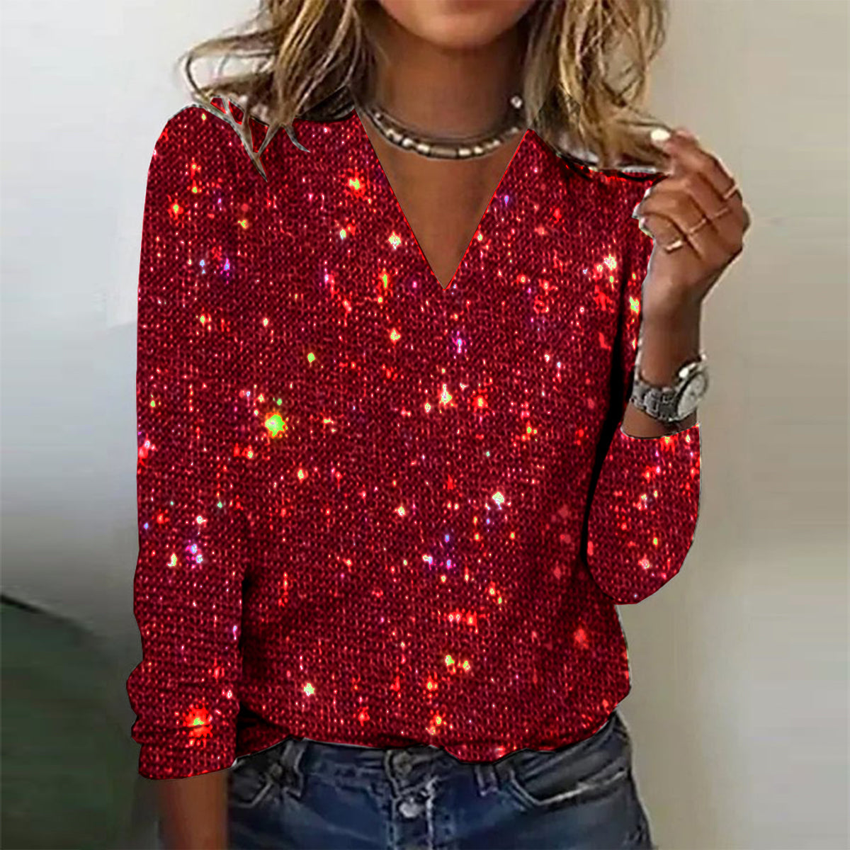 Glitterende Elegante Dames Blouse met V-Hals en Lange Mouwen