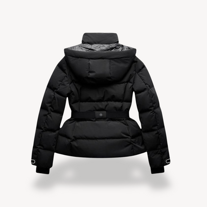 Zwarte Dames Puffer Jas met Ceintuur en Hoge Kraag