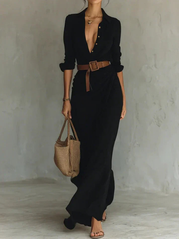 Robe maxi en lin légère pour femmes avec col et ceinture à la taille